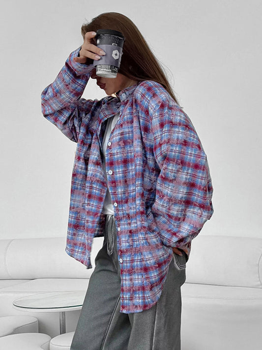 Distressed college style plaid shirt for women spring pure cotton contrast color casual shirt for women