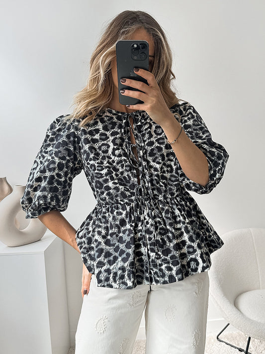 Autumn Retro Fashion Leopard Puff Sleeve Shirt Women Street Loose Lace-up Round Neck Top Women's Clothing
