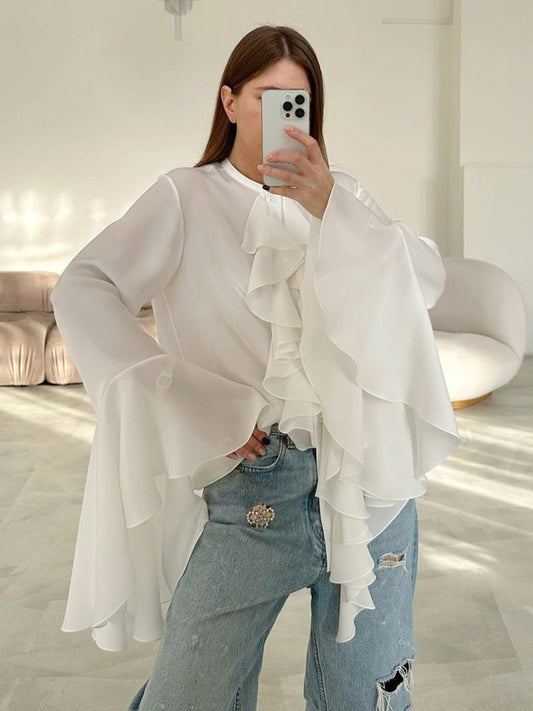 Fashion white loose ruffled shirt female summer palace style lace trumpet sleeve chiffon shirt women's clothing