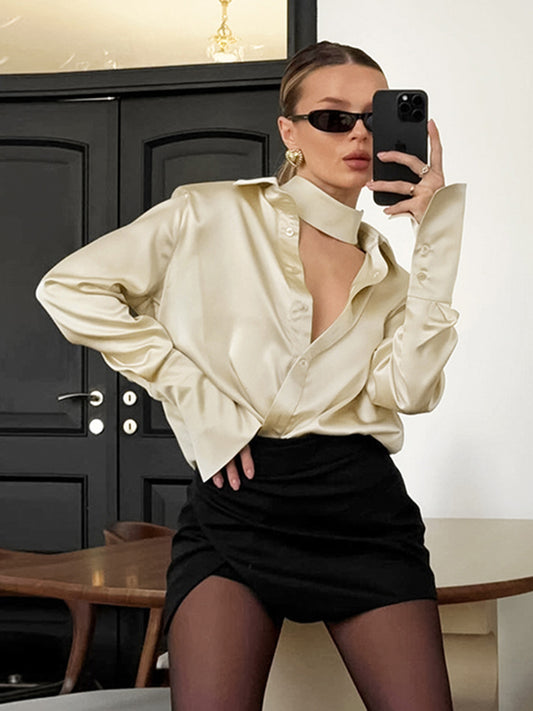 Champagne French satin shirt for women Spring temperament professional inner wear women's shirt satin tops for women