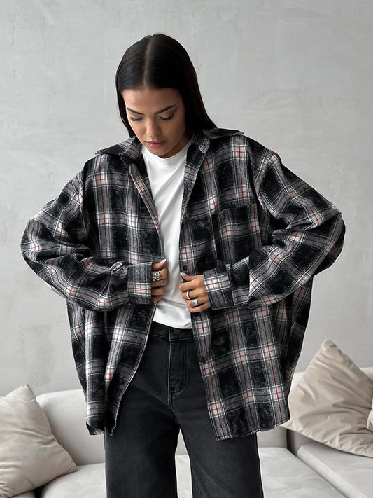 Fashion retro black distressed plaid shirt women's design pure cotton shirt autumn women's clothing