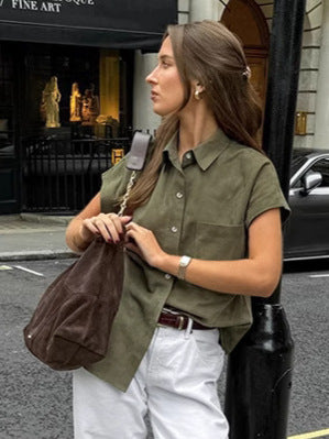 Spring and summer casual loose lapel short-sleeved shirt fashionable green mid-length tops for women