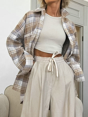 Maillard style woolen lapel plaid shirt spring and summer fashion new style