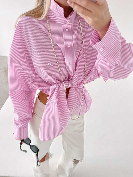 Autumn college style sweet pink striped shirt women's loose outerwear cotton women's shirt