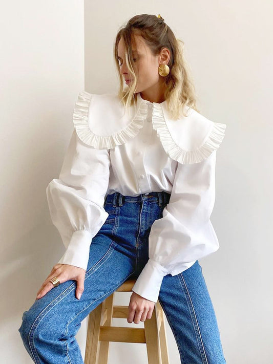 Fashionable sweet white doll collar shirt design loose ladies pure cotton cardigan long-sleeved top