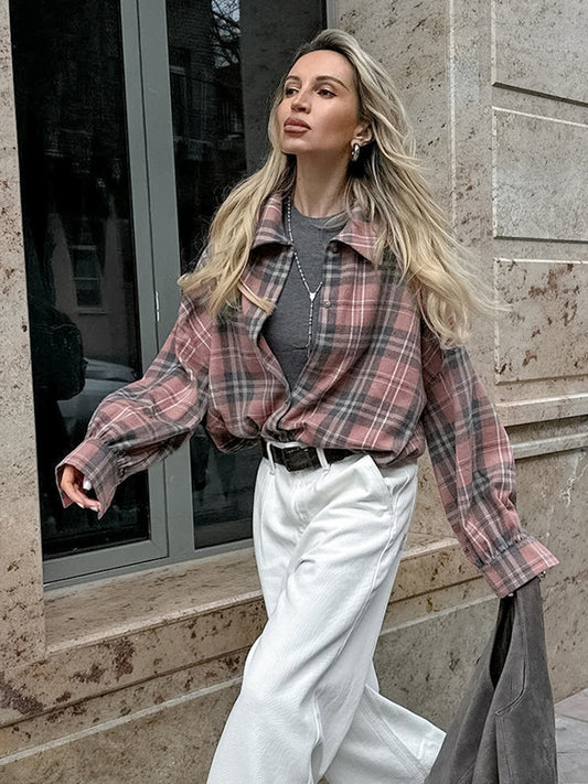 College style pink plaid shirt autumn fashion outerwear cotton women's shirt mid-length women's clothing