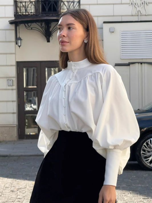 Fashionable temperament white stand collar lantern sleeve shirt spring palace style women's long sleeve tops women's clothing