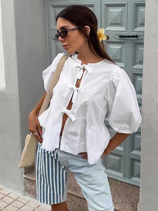 Round Neck Puff Sleeve Shirt Women Summer New Cotton Half Sleeve Lace-up Shirt Loose Cardigan Women's Clothing