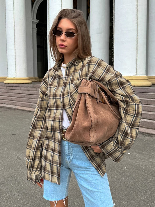 Autumn Retro Plaid Shirt Loose Casual Outerwear Long Sleeve Women's Top Fashion Plaid Shirt