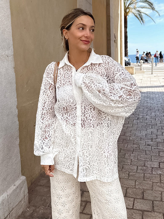 White hollow collar shirt mid-length loose outer layer long-sleeved shirt autumn women's clothing