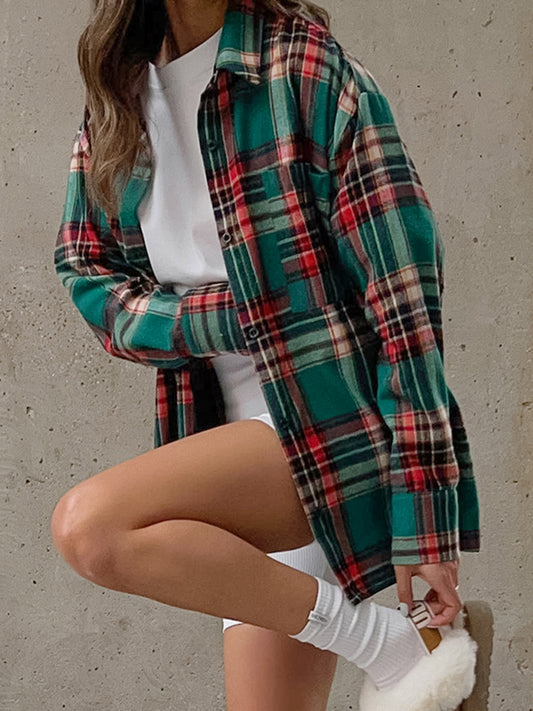 Retro loose contrast color plaid shirt new spring design mid-length layered shirt for women