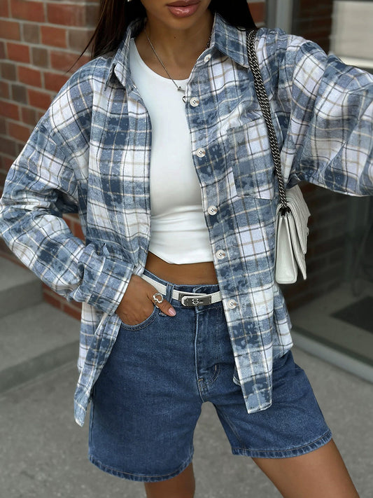 Retro washed distressed plaid shirt for women autumn and winter polyester-cotton shirt street style women's clothing
