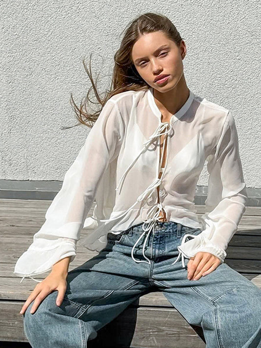White lace-up shirt autumn simple design loose stand-up collar top women's clothing