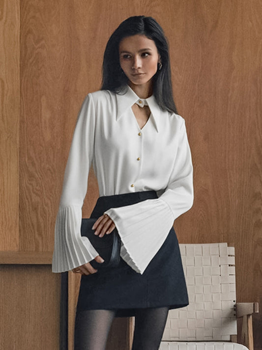 Autumn new commuter chiffon shirt women's French design ruffled long-sleeved lapel white shirt women's clothing