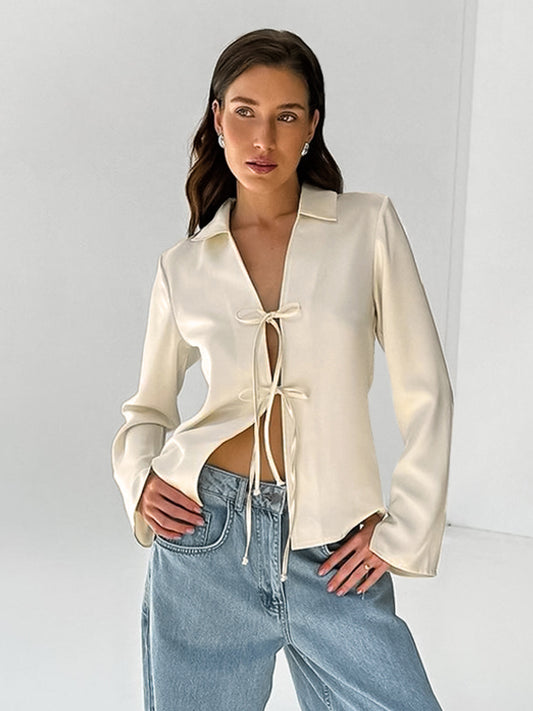 Faux Acetate Satin Lace-Up Shirt Autumn Fashion Loose Apricot Shirt Tops Women's Clothing