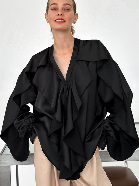 Temperament V-neck puff sleeve shirt for women autumn design splicing satin ruffled top for women
